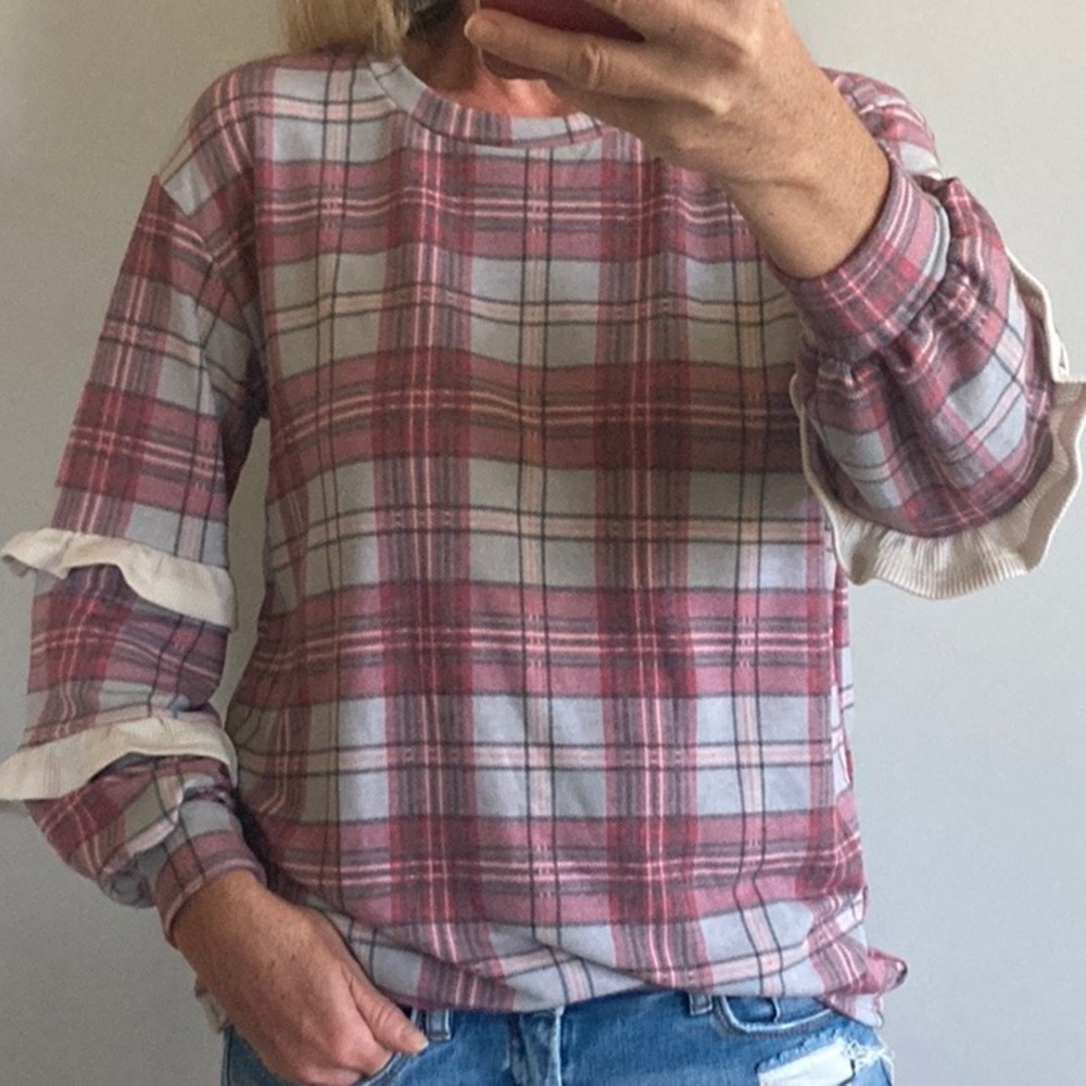 Plaid Long Sleeve with Ruffle Detail Top - Picture 2 of 10
